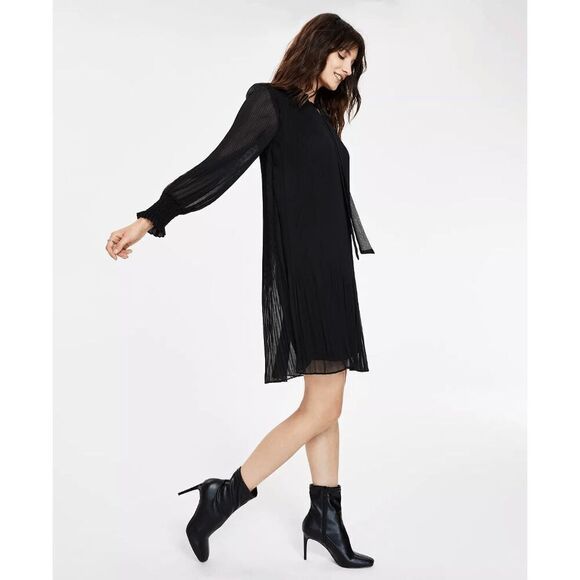 DKNY Women's Petite Tie-Neck Smocked-Cuff Long-Sleeve Dress - Black 4P - Picture 8 of 9